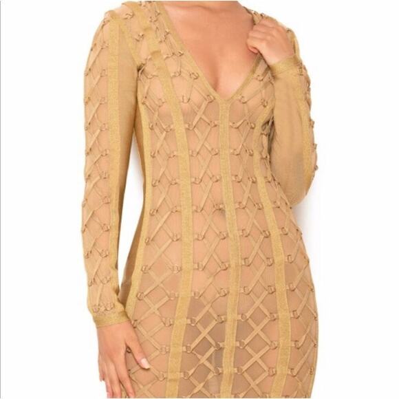 House of CB London Bandage Chain Dress Feodora Long Sleeve In Golden Size XS NWT - Picture 1 of 10